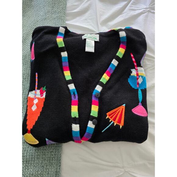 Vintage Quacker Factory Embroidered Cocktail drink martini Sweater Cardigan XL - Picture 5 of 5